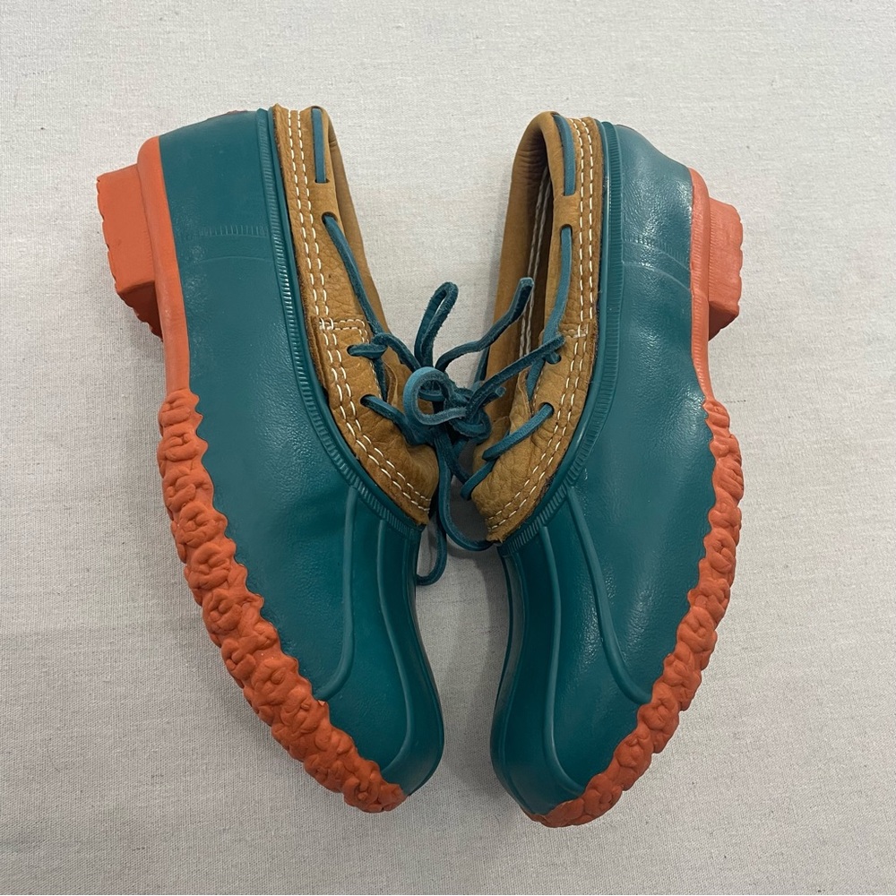 LL BEAN "BEAN BOOTS" 175067 Rubber Moc Low Duck Boots Teal Orange Size 9M EM